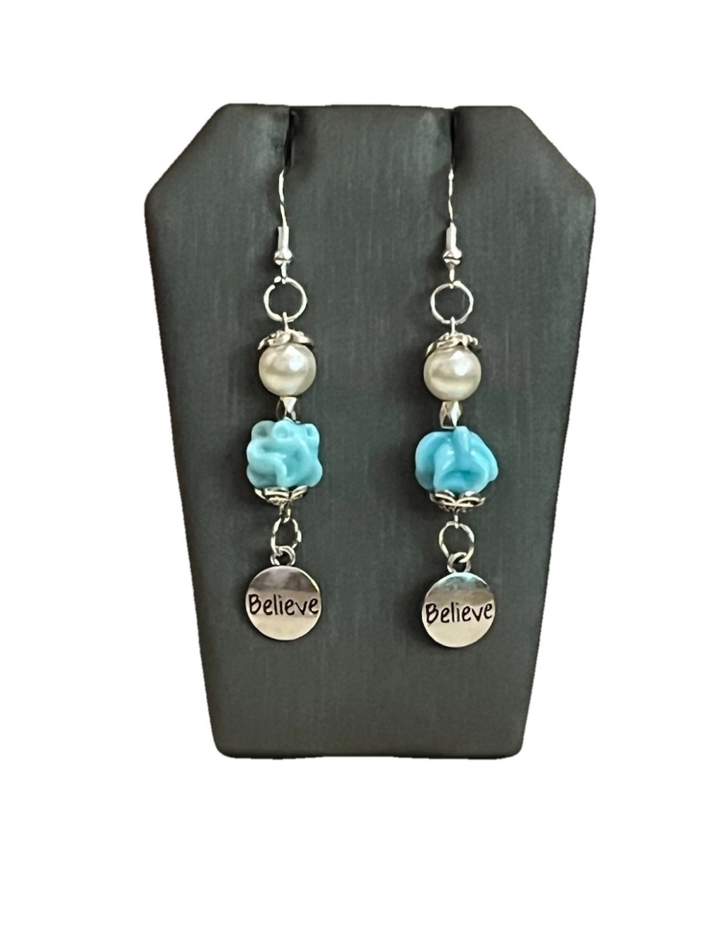 Handmade Blue Rose Pearl Dangle Earrings Silver Tone Inspirational Believe